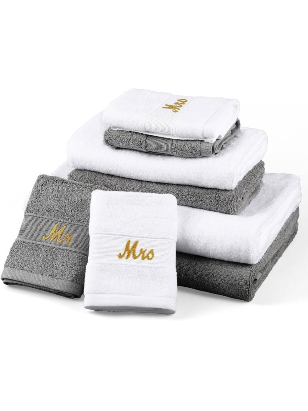 Couples Mr & Mrs Towel Set, 6 Pcs, Soft Grey & White, Perfect Wedding Gift